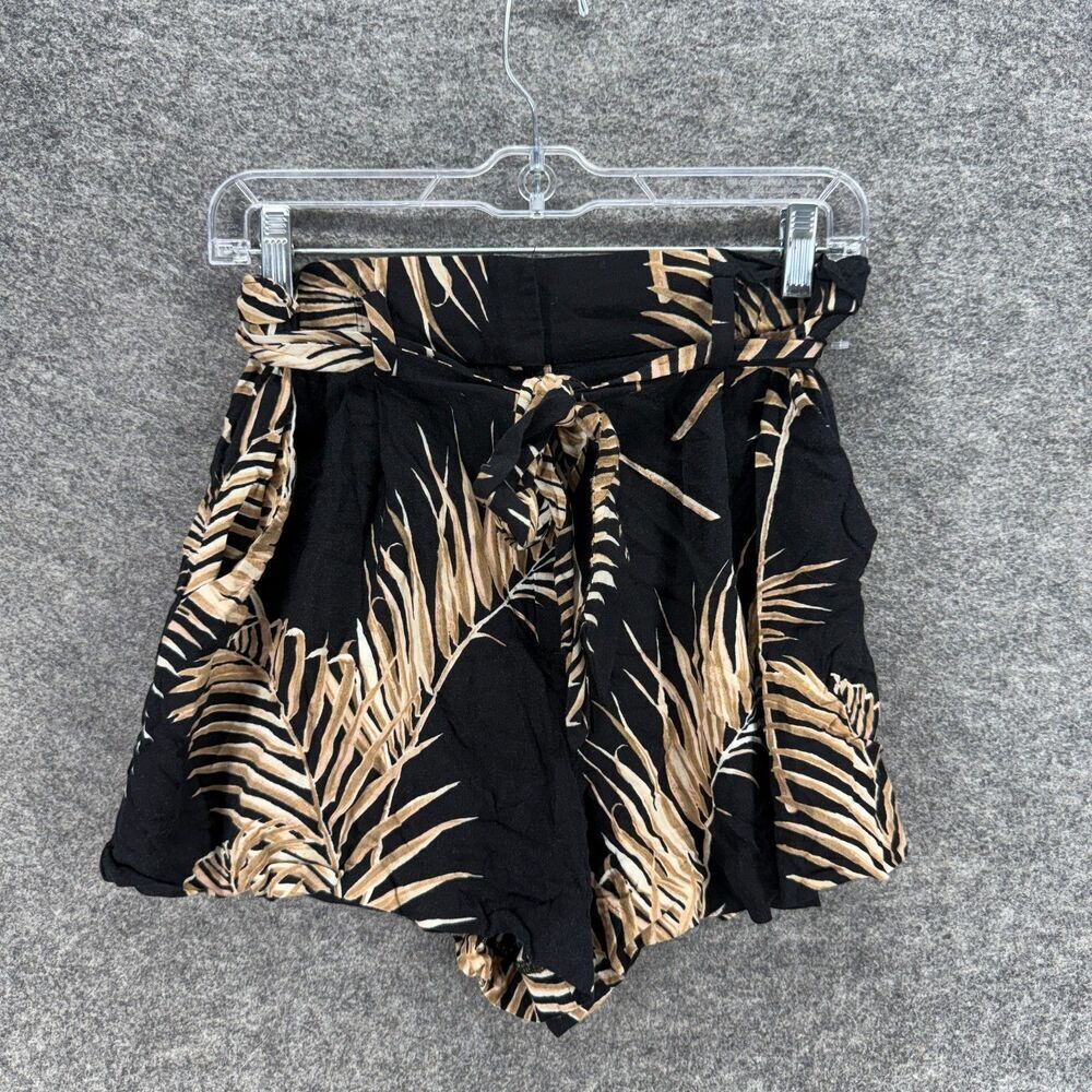 H&M Shorts Women 6 Black Floral Chino Belted Pull On High Rise Pockets Casual